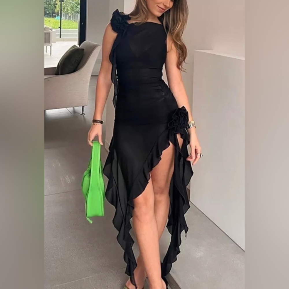 Classy Black Fairy Flower Bodycon Long Tassel Sexy See Through Mesh Midi Dress